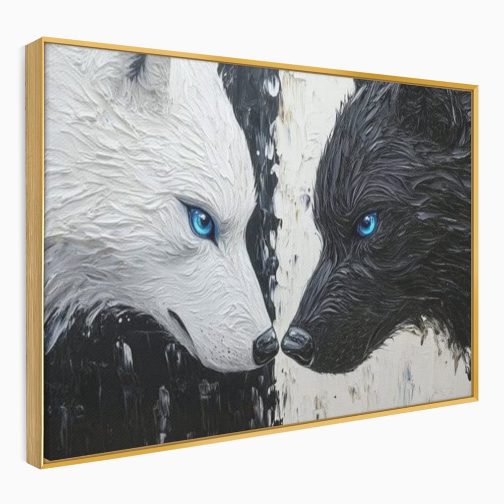 Tablou canvas cu tablou canvas cu doi lupi, in rama de aluminiu auriu